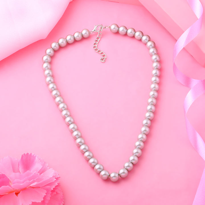 Estele Rhodium Plated Sparkling Grey Pearl Single Line Necklace for Women