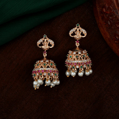 Estele Rose Gold Plated CZ Lakshmi Devi Designer Jhumka Earrings with Pearls for Women