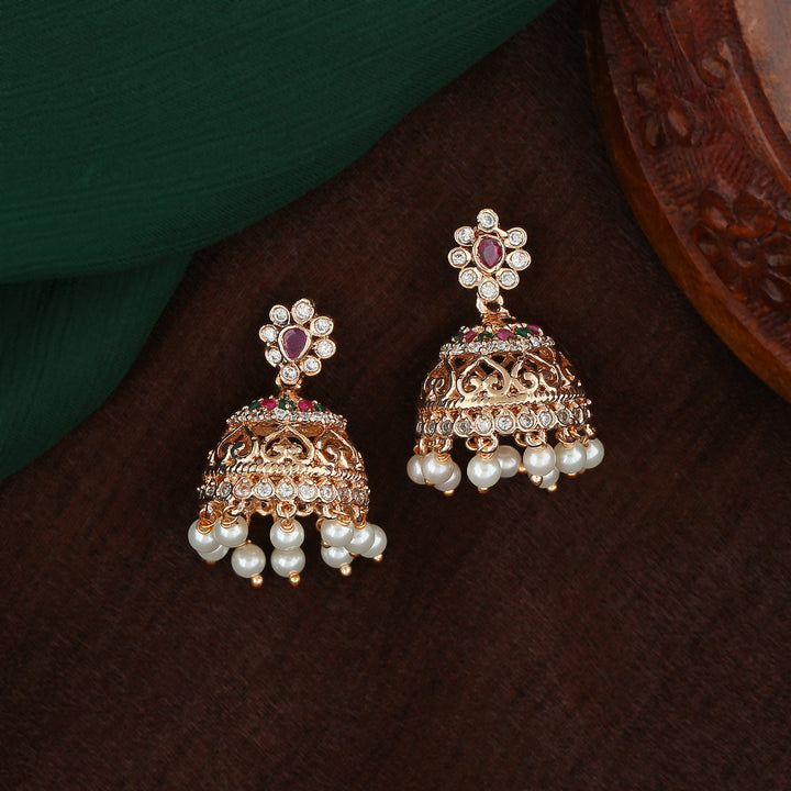 Estele Rose Gold Plated CZ Elegant Jhumka Earrings with Pearl & Pink Crystals for Women
