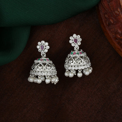 Estele Rhodium Plated CZ Elegant Jhumka Earrings with Pearl & Pink Crystals for Women