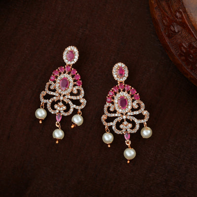 Estele Rose Gold Plated CZ Tiara Earrings with Pearl & Ruby Crystals for Women