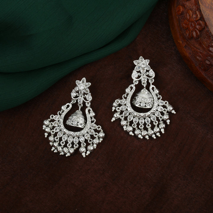 Estele Rhodium Plated CZ Floral Designer Jhumki Earrings for Women