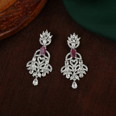 Estele Rhodium Plated CZ Ornamented Earrings with Pink colored stones for Women