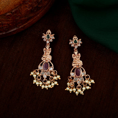 Estele Rose Gold Plated CZ Lakshmi Devi Designer Earrings with Pearls for Women