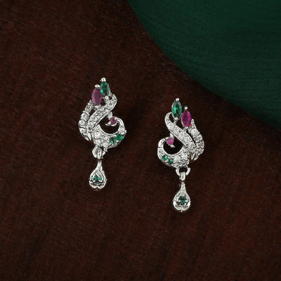 Estele Rhodium Plated CZ Peacock Designer Earrings for Women