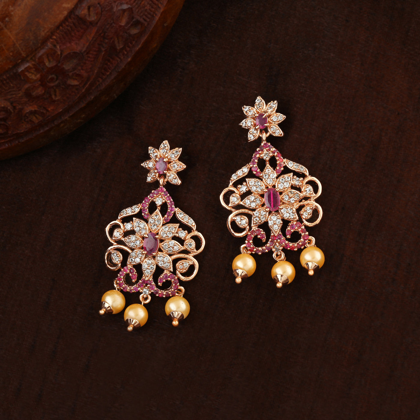 Estele Rose Gold Plated CZ Fascinating Drop Earrings With Pearl & Pink Crystals For Women