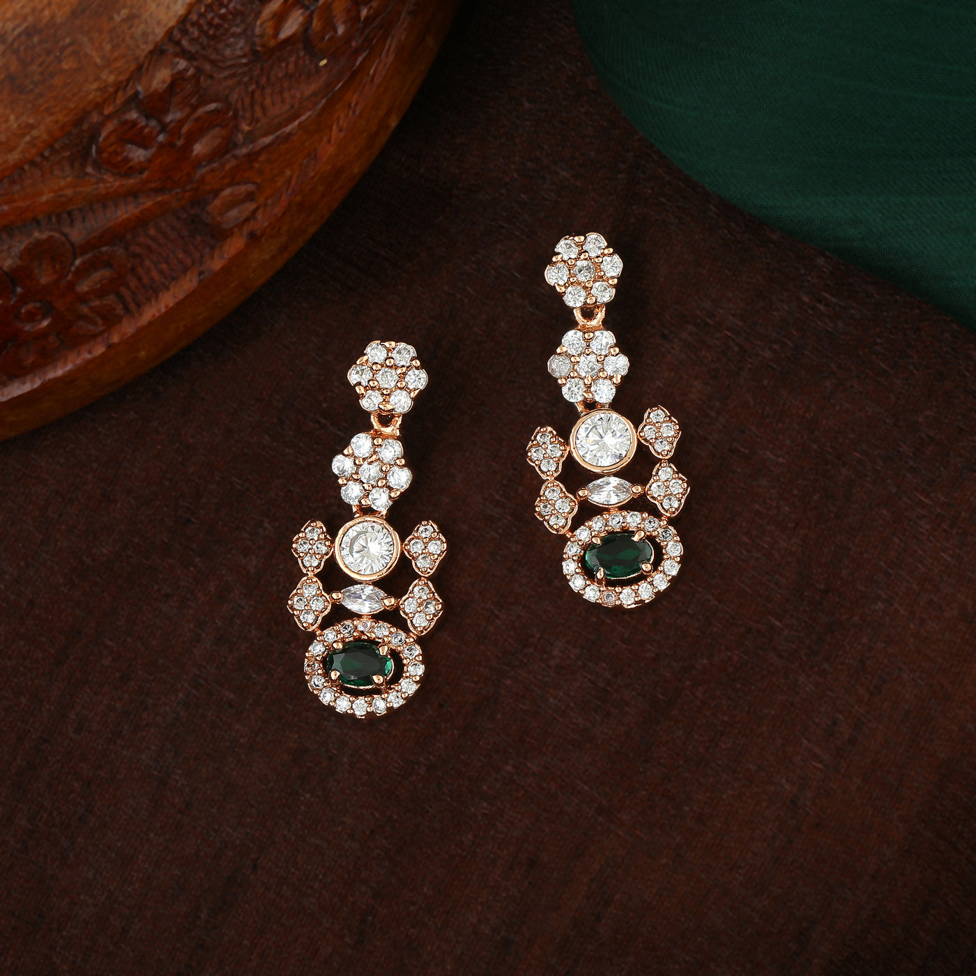 Estele Rose Gold Plated CZ Glamour In Green Earrings for Women