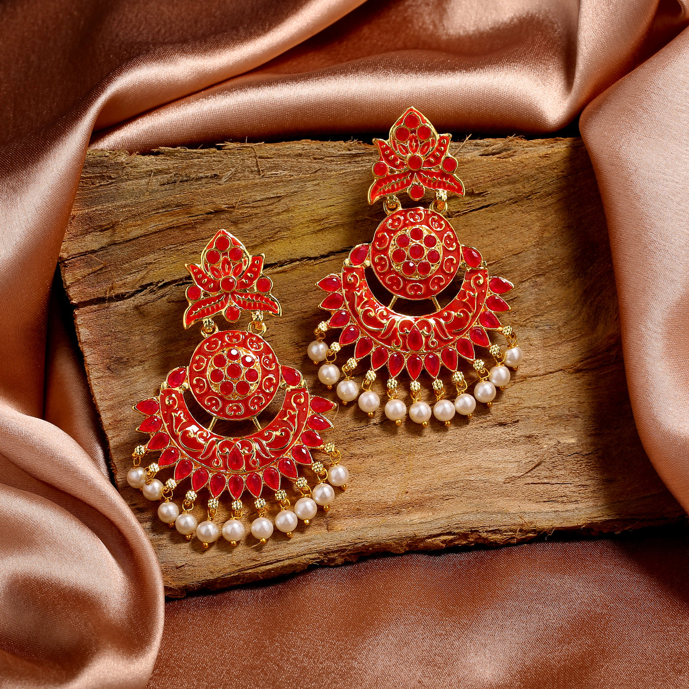 Estele Gold Plated Beautiful Traditional Red Meenakari Drop Earrings with Pearl for Women