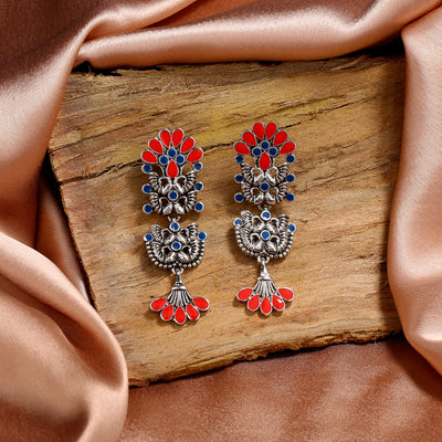 Estele Rhodium Plated Oxidised Marvelous Meenakari Earrings with Multi-color Enamel for Women