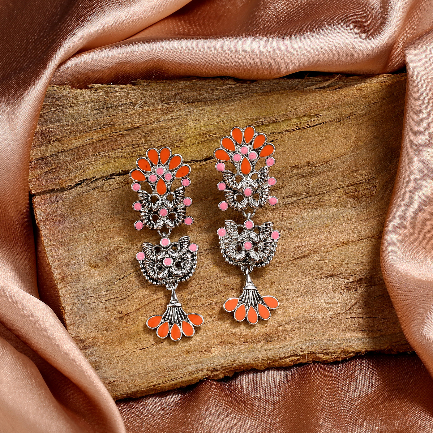Estele Rhodium Plated Oxidised Graceful Meenakari Earrings with Multi-Color Enamel for Women
