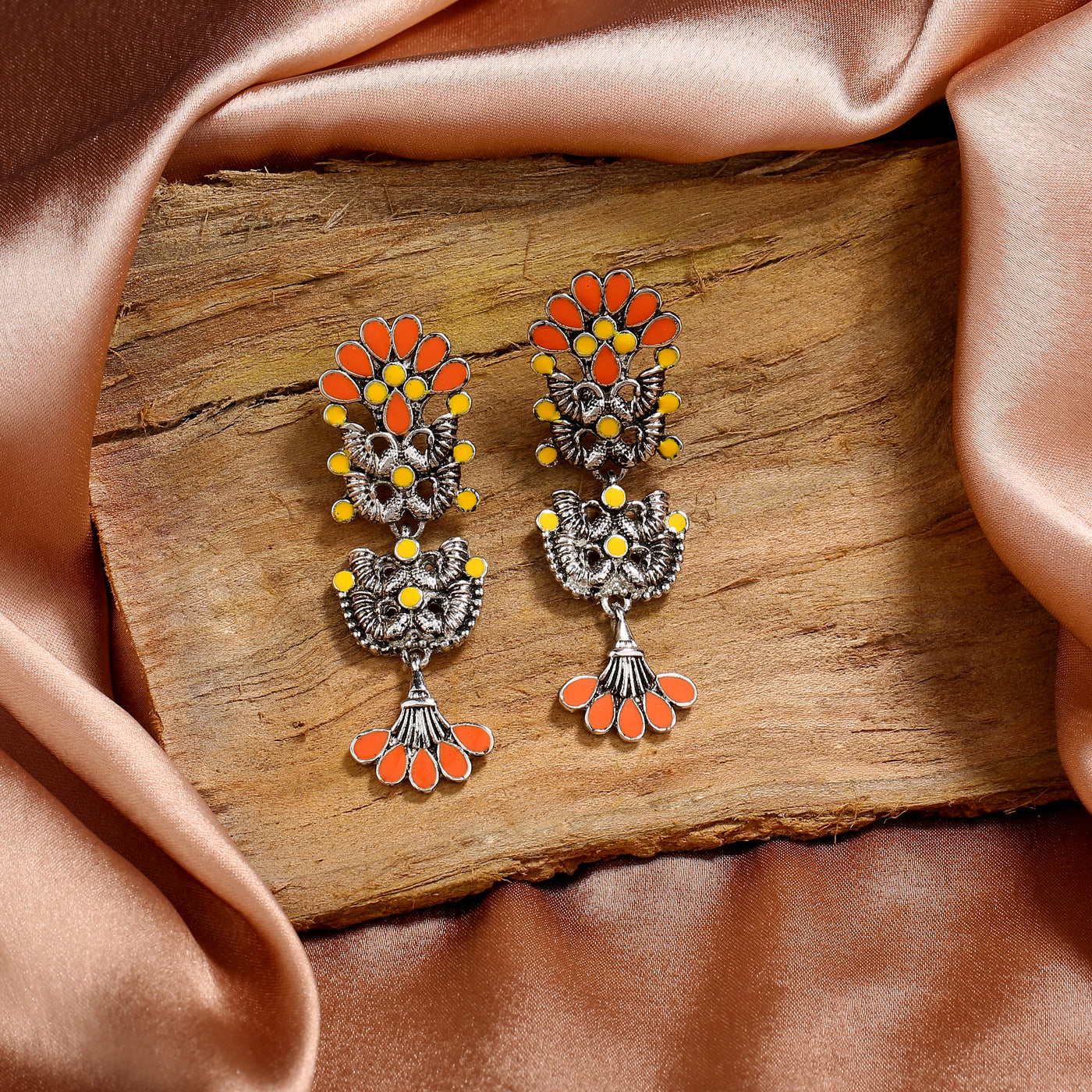 Estele Rhodium Plated Oxidised Glamorous Meenakari Earrings with Multi-color Enamel for Women