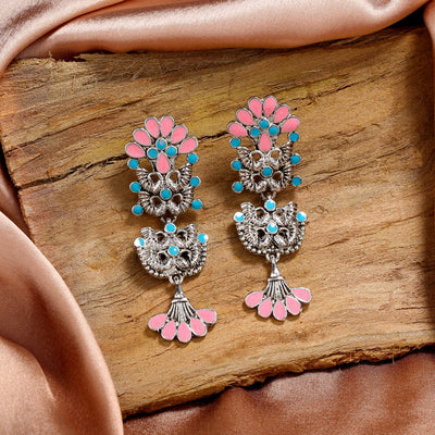 Estele Rhodium Plated Oxidised Elegant Meenakari Earrings with Multi-color Enamel for Women