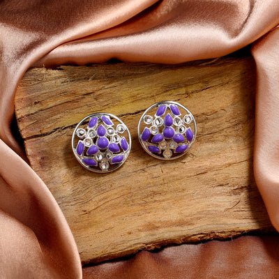 Estele Rhodium Plated Classic Meenakari Kundan Stud Earrings with Violet Enamel for Women