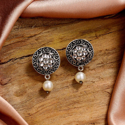 Estele Rhodium Plated Gorgeous Meenakari Pearl Drop Earrings with Kundan for Women