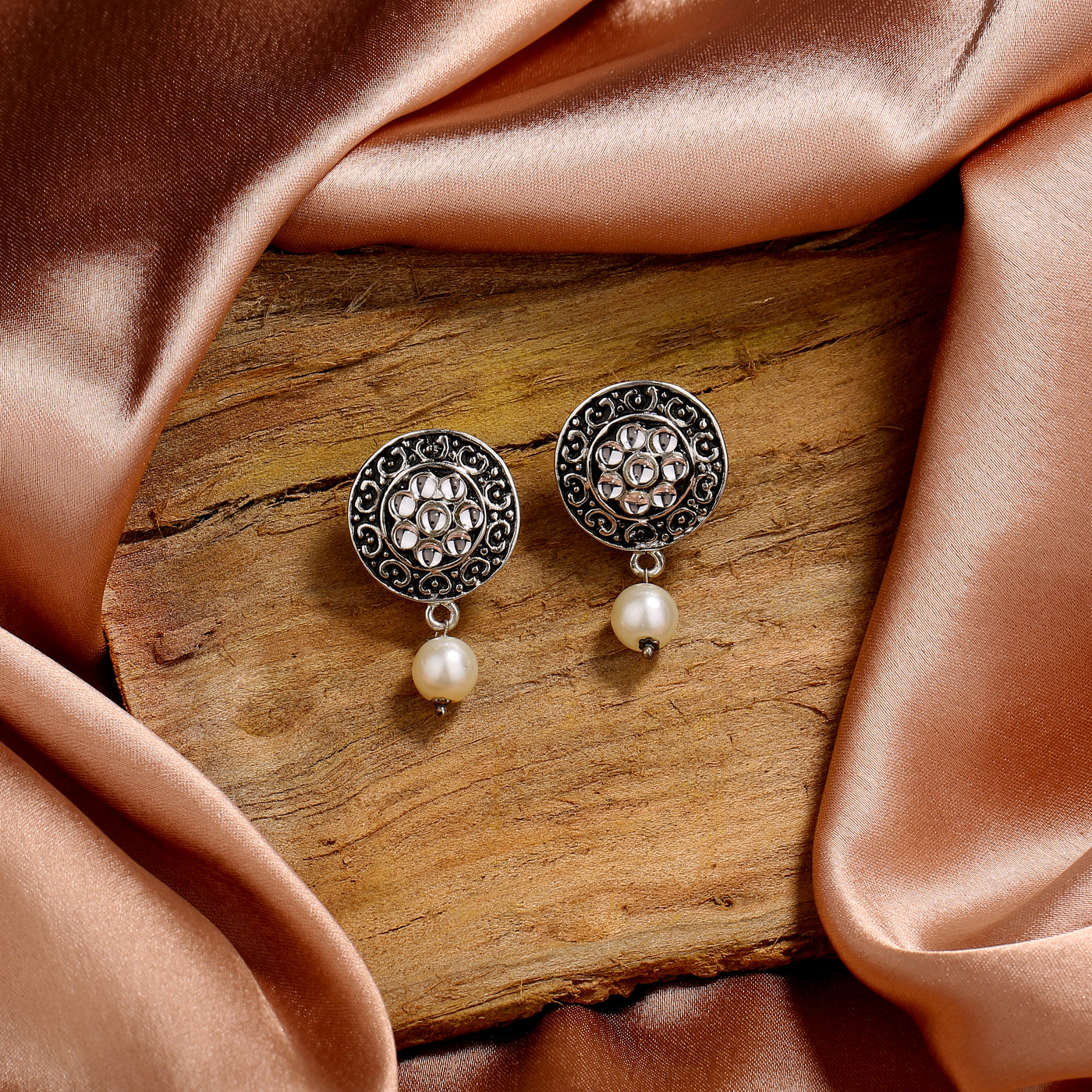 Estele Rhodium Plated Gorgeous Meenakari Pearl Drop Earrings with Kundan for Women