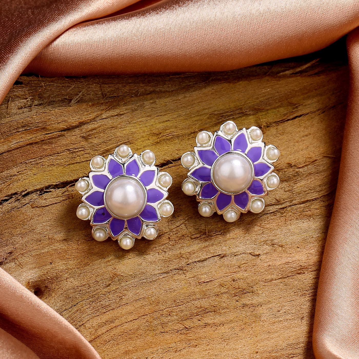 Estele Rhodium Plated Charming Meenakari Pearl Stud Earrings with Violet Enamel for Women