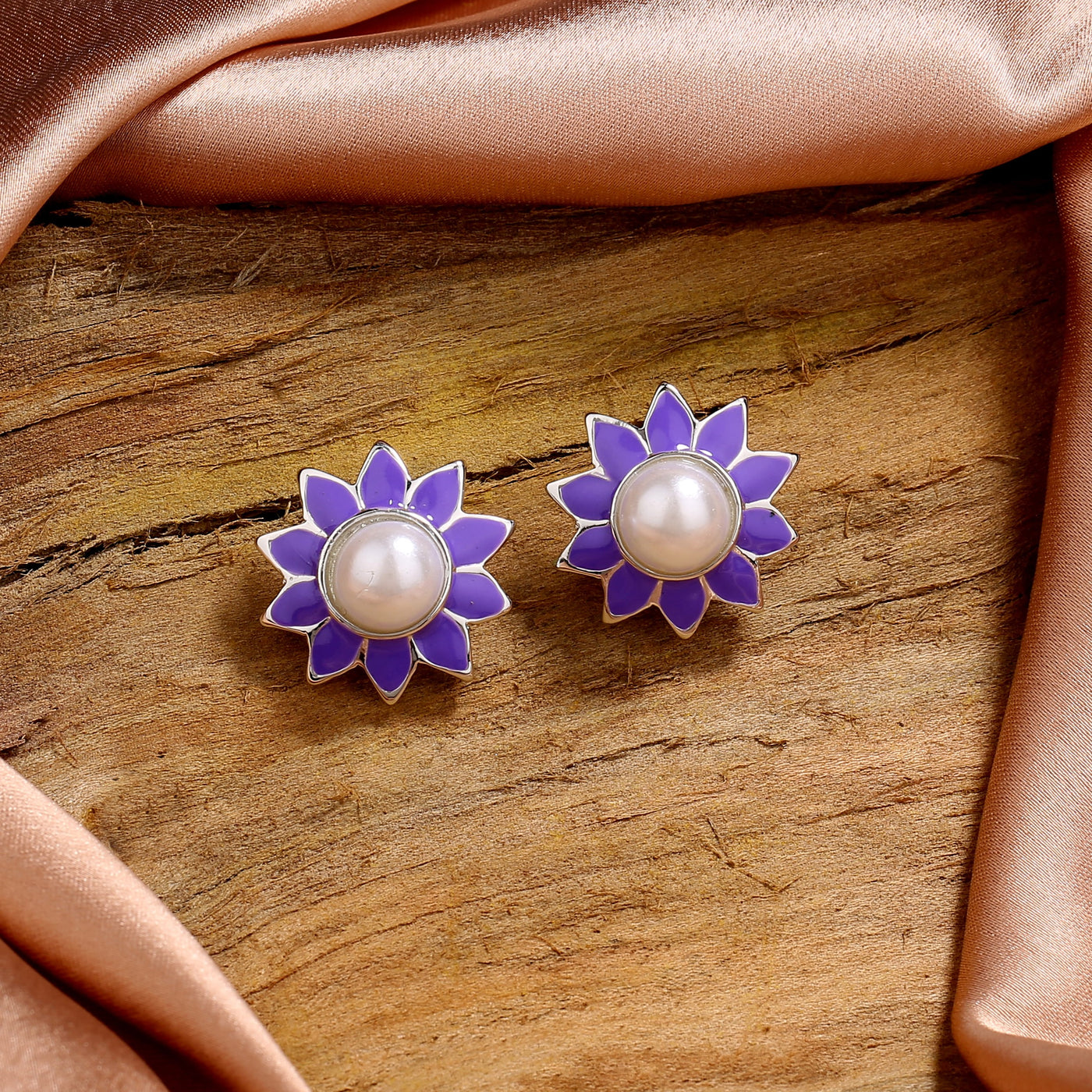 Estele Rhodium Plated Elegant Violet Meenakari Pearl Stud Earrings for Women