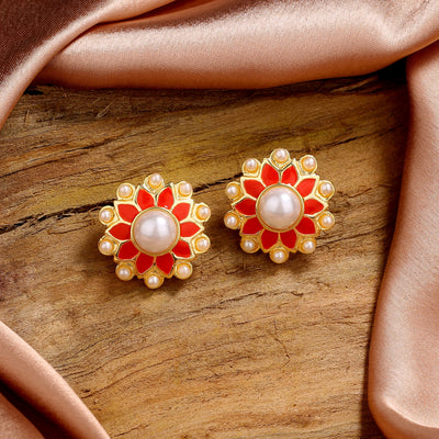 Estele Gold Plated Beautiful Meenakari Pearl Stud Earrings with Red Enamel for Women