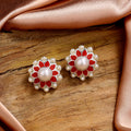 Estele Rhodium Plated Glamorous Meenakari Pearl Stud Earrings with Red Enamel for Women