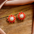Estele Gold Plated Floral Red Meenakari Stud Earrings with Pearl for Women