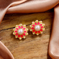 Estele Gold Plated Sparkling Meenakari Pearl Stud Earrings with Pink Enamel for Women