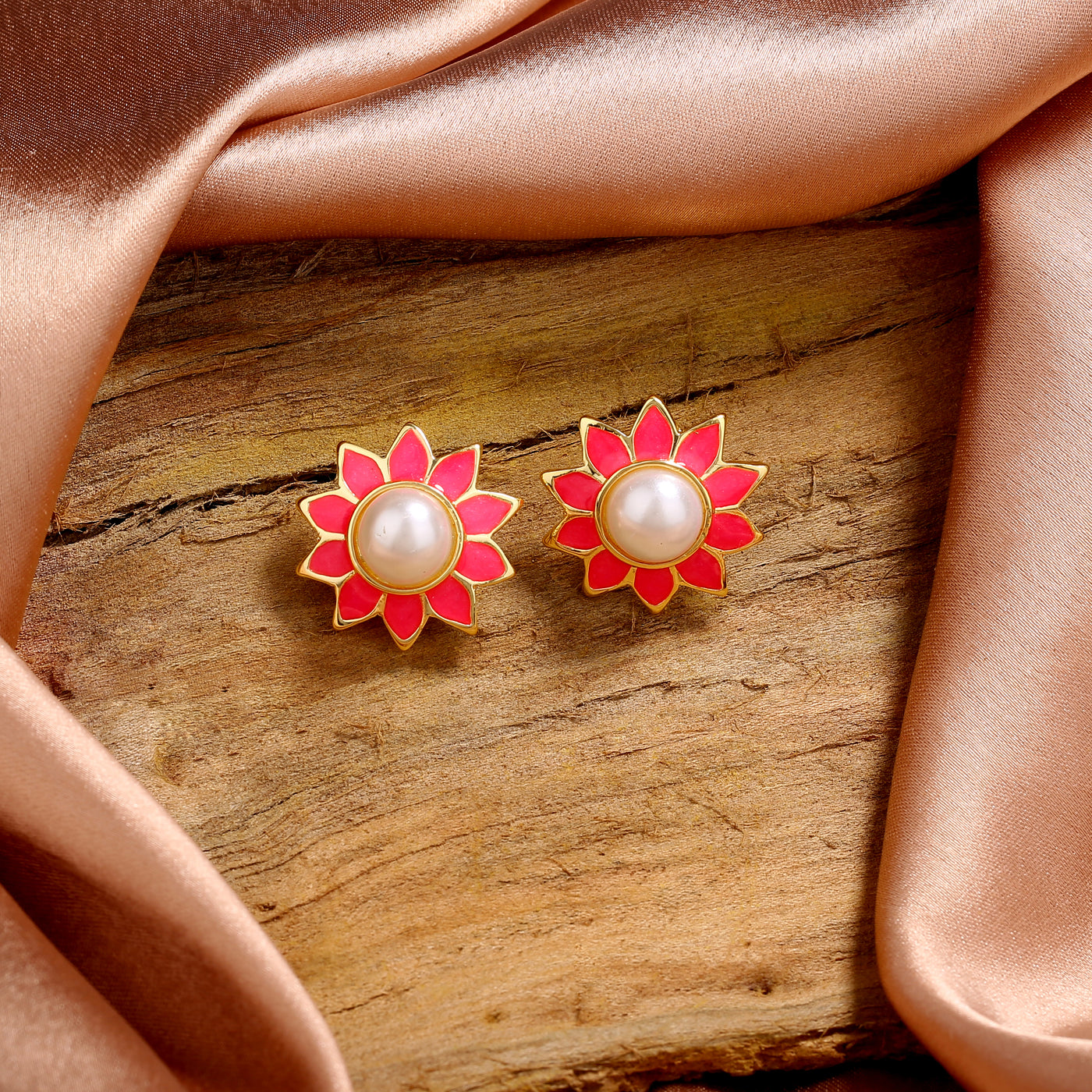 Estele Gold Plated Classic Pink Meenakari Pearl Stud Earrings for Women
