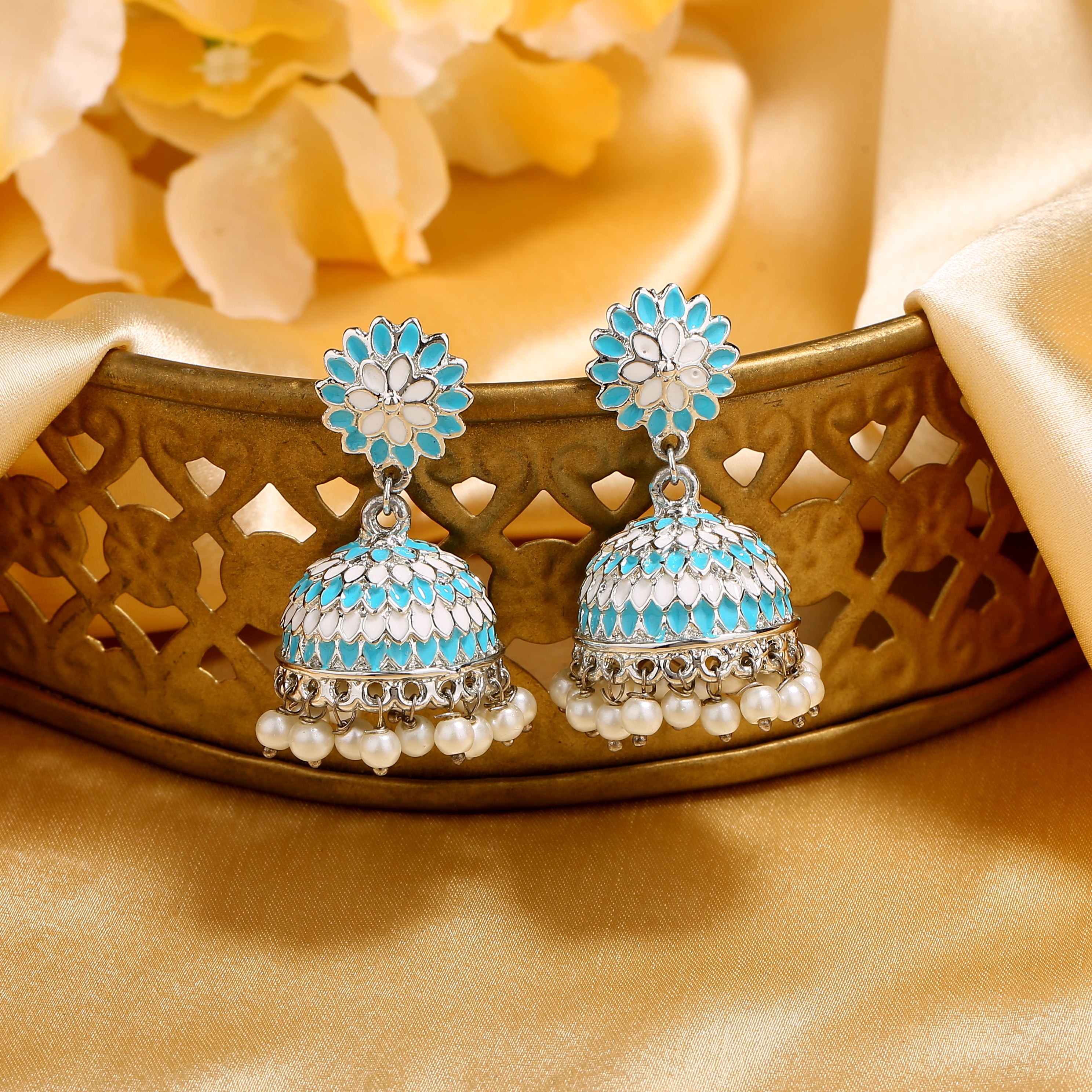 HUMETE ’CLASSIC’ PIERCED EARRINGS Buy Estele Rhodium Plated Traditional Blue & white Meenakari