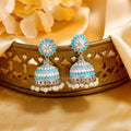 Estele Rhodium Plated Traditional Blue & white Meenakari Jhumki Earrings with Pearl for Women