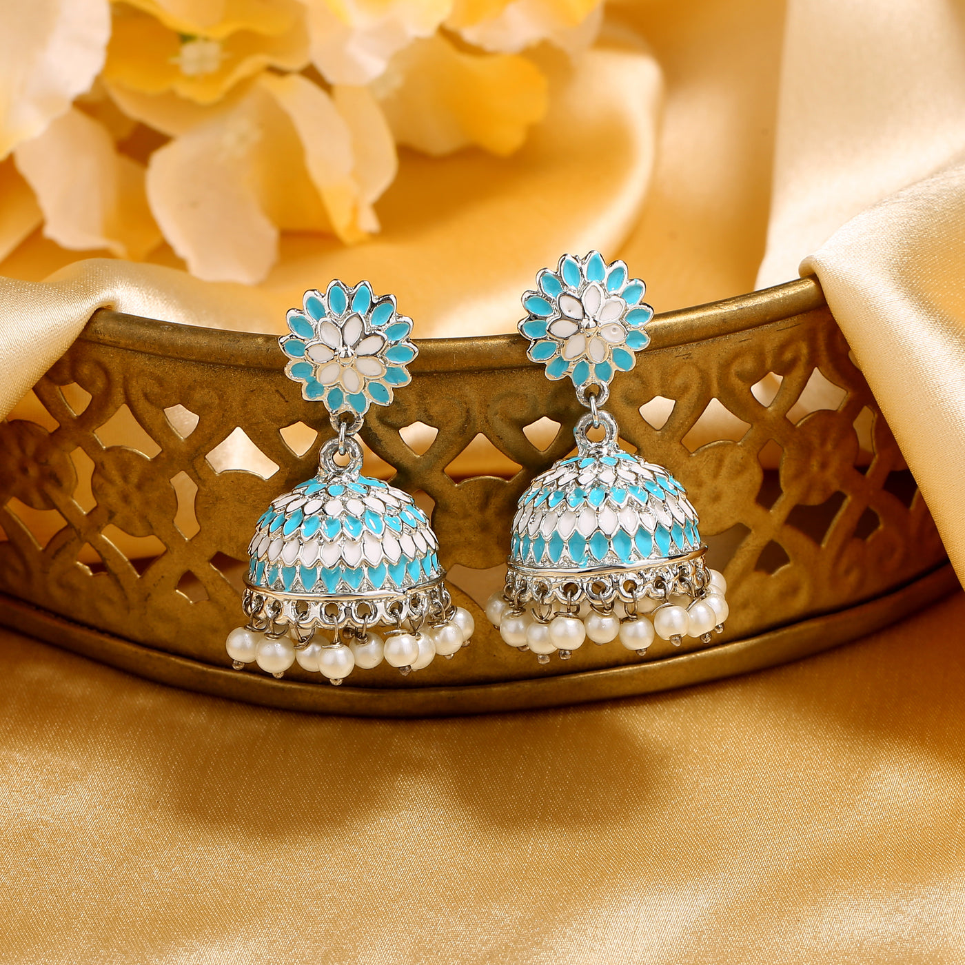 Estele Rhodium Plated Traditional Blue & white Meenakari Jhumki Earrings with Pearl for Women