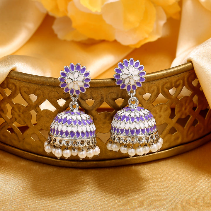 Estele Rhodium Plated Traditional Violet Meenakari Jhumka Earrings with Pearls for Women