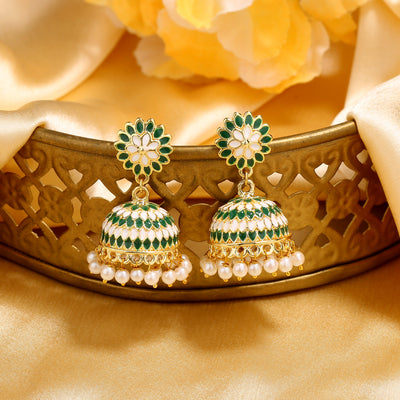 Estele Gold Plated Traditional Green Meenakari Jhumka Earrings with Pearls for Women