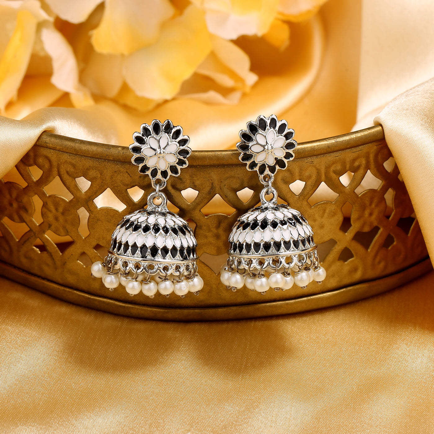 Estele Rhodium Plated Traditional Black Meenakari Jhumka Earrings with Pearl for Women