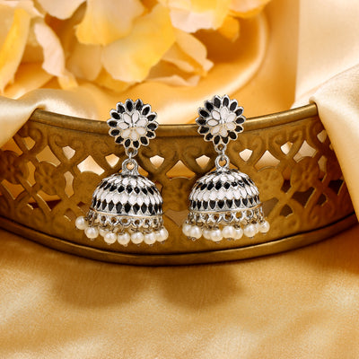 Estele Rhodium Plated Traditional Black Meenakari Jhumka Earrings with Pearl for Women