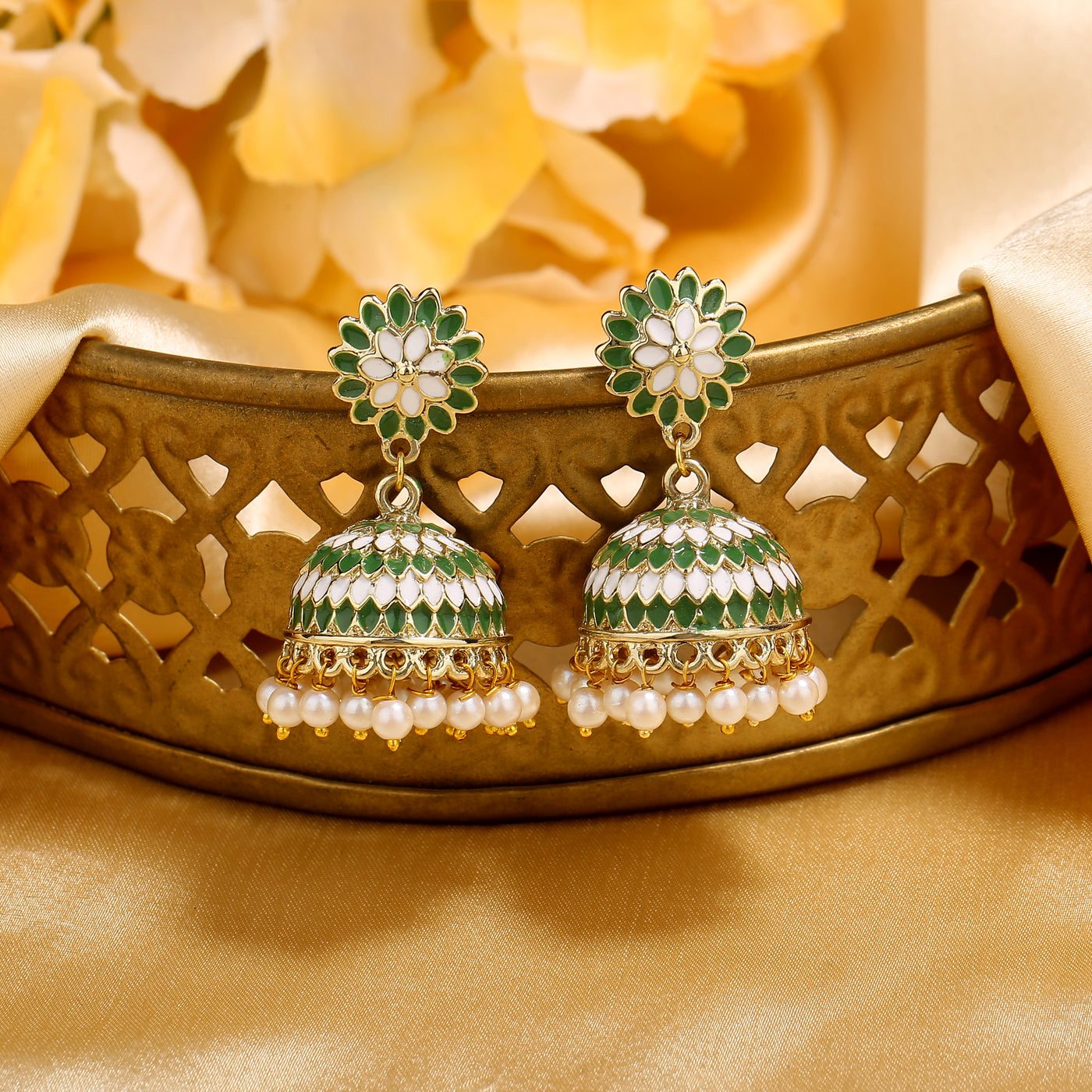 Estele Gold Plated Traditional Green Meenakari Jhumka Earring with Pearls for Women