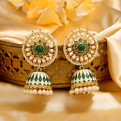 Estele Gold Plated Lovely Green Meenakari Traditional Kundan Jhumka Earrings with Pearls for Women
