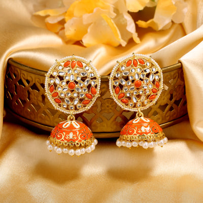 Estele Gold Plated Adorable Orange Meenakari Traditional Kundan Jhumka Earrings with Pearl for Women