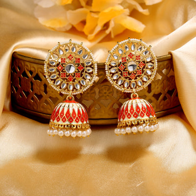 Estele Gold Plated Red Meenakari Traditional Kundan Jhumka Earrings with Pearl for Women