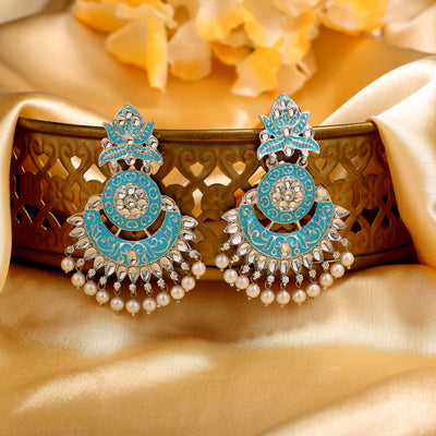 Estele Rhodium Plated Radiant Traditional Blue Meenakari Drop Earrings with Pearl for Women