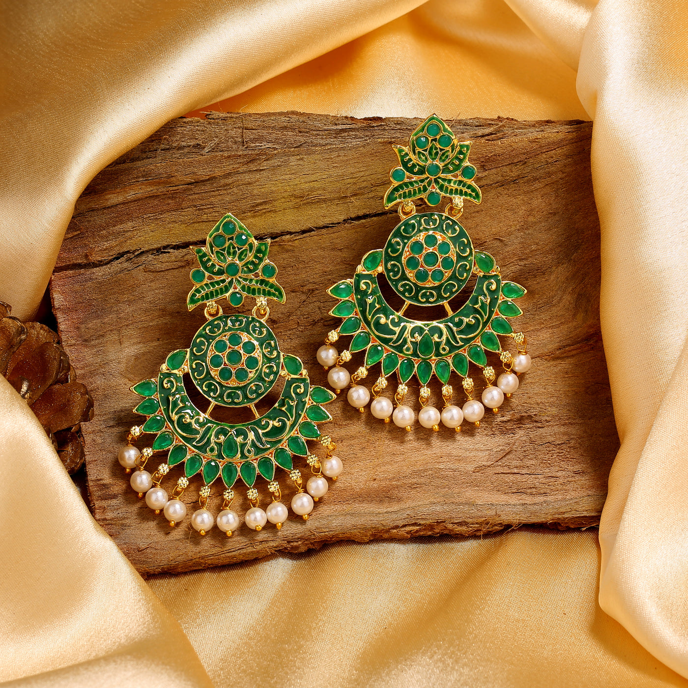 Estele Gold Plated Traditional Green Meenakari Drop Earrings with Pearl for Women