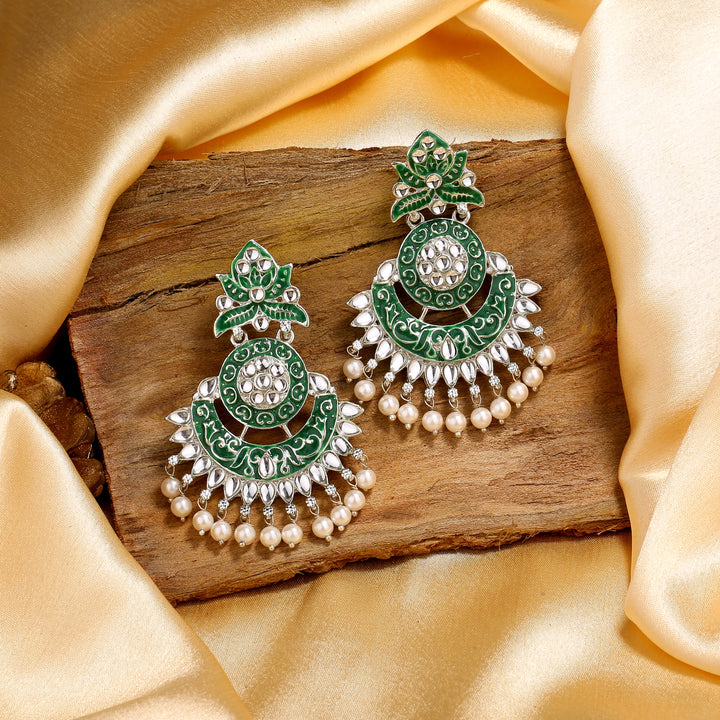 Estele Rhodium Plated Stunning Traditional Green meenakari Drop Earrings with Pearl for Women