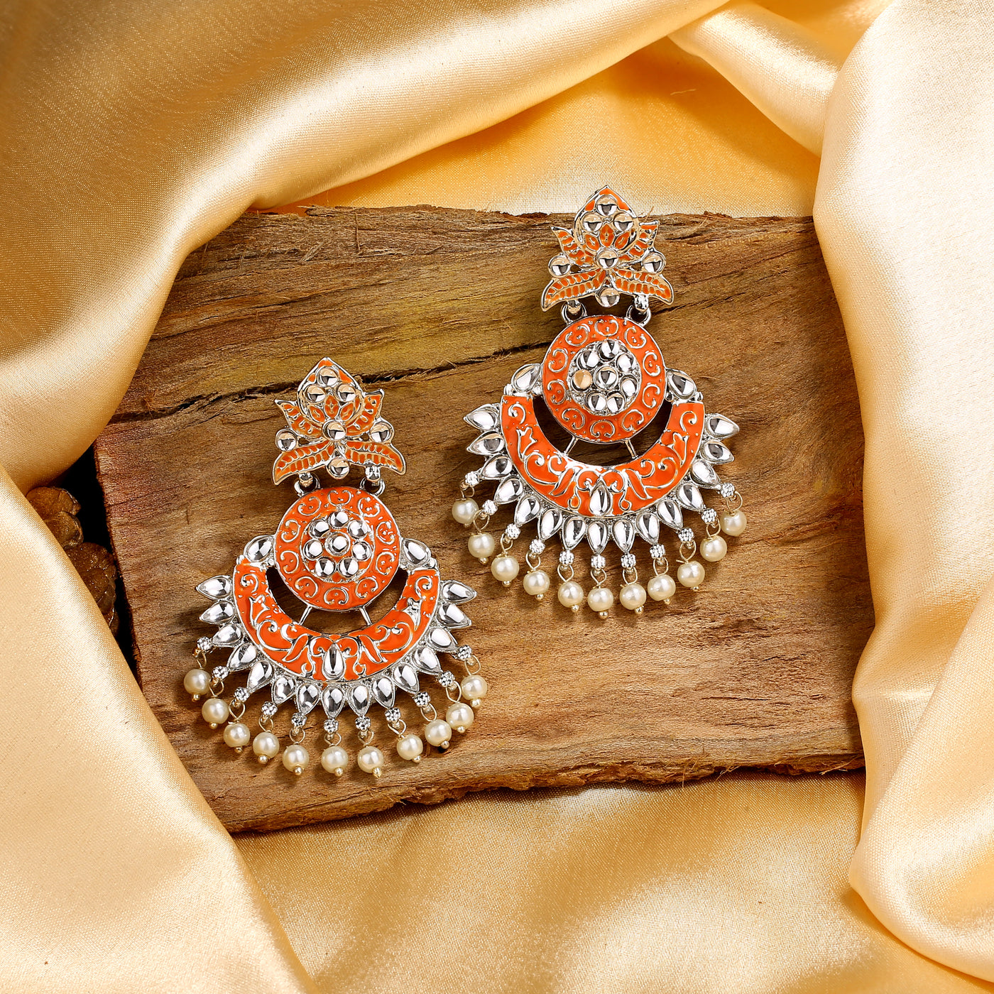 Estele Rhodium Plated Beautiful Traditional Orange Meenakari Drop Earrings with Pearl for Women