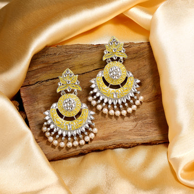 Estele Rhodium Plated Stylish Traditional Yellow Meenakari Drop Earrings with Pearl for Women