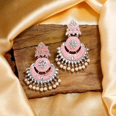 Estele Rhodium Plated Traditional Pink Meenakari Drop Earrings with Pearl for Women