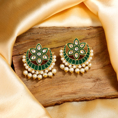 Estele Gold Plated Floret Designer Meenakari Kundan Earrings with Pearl & Green Enamel for Women