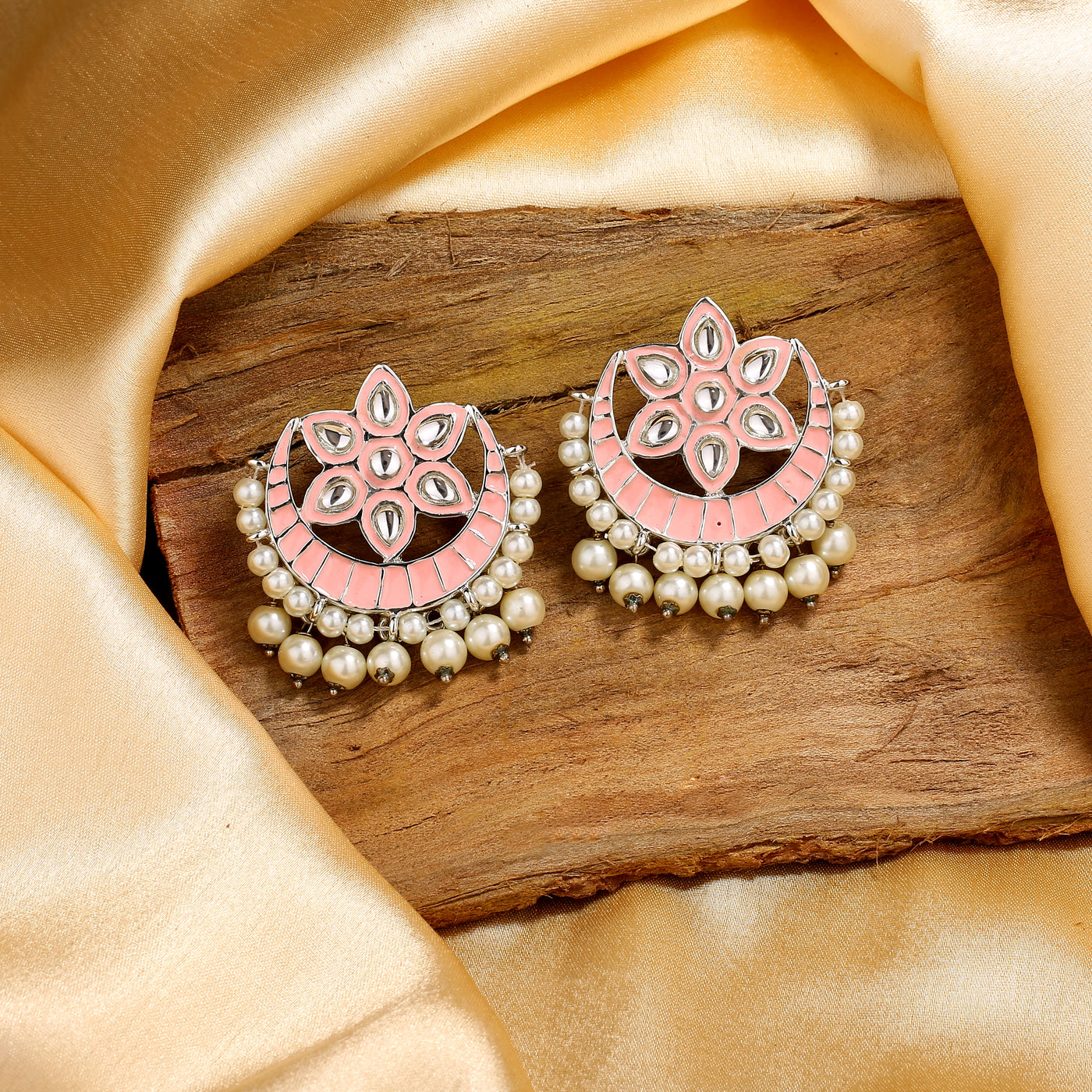 Estele Rhodium Plated Adorable Kundan Meenakari Earrings with Pearl & Pink Enamel for Women