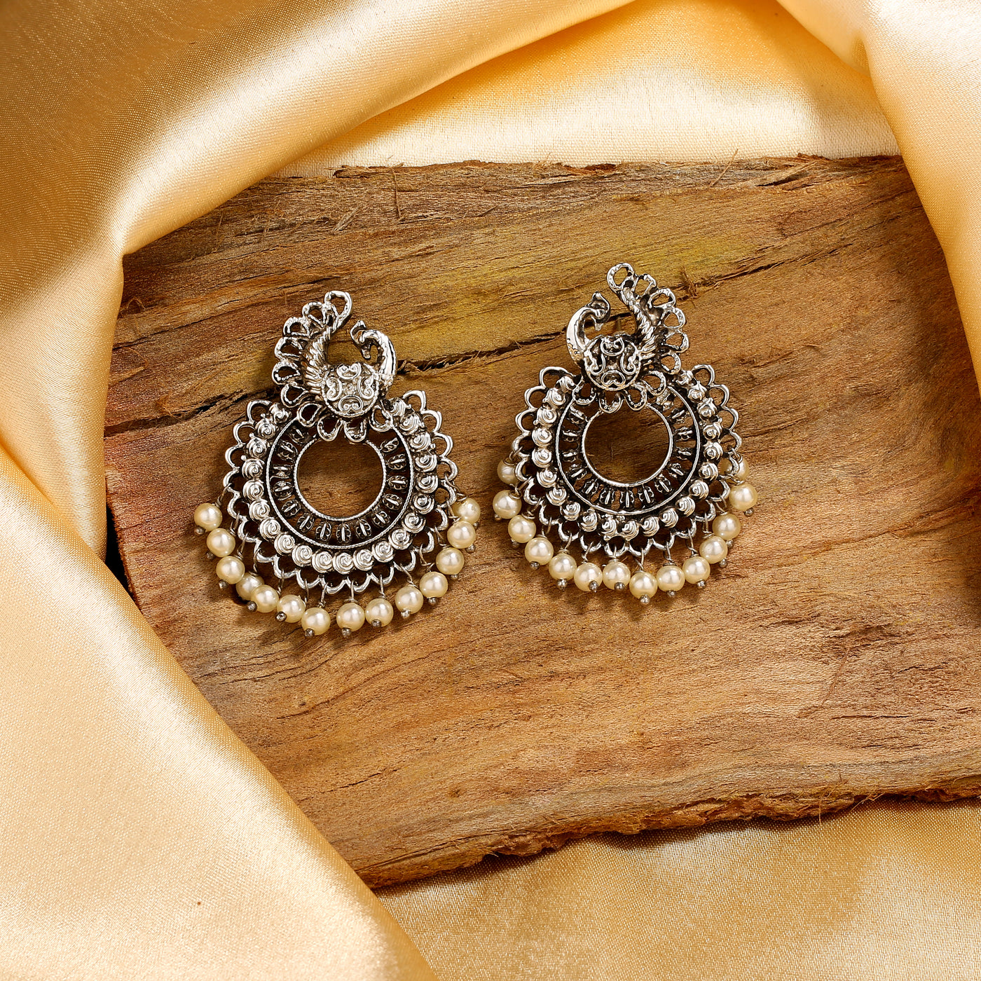 Estele Rhodium Plated Oxidised Gorgeous Peacock Designer Earrings with Pearl for Women