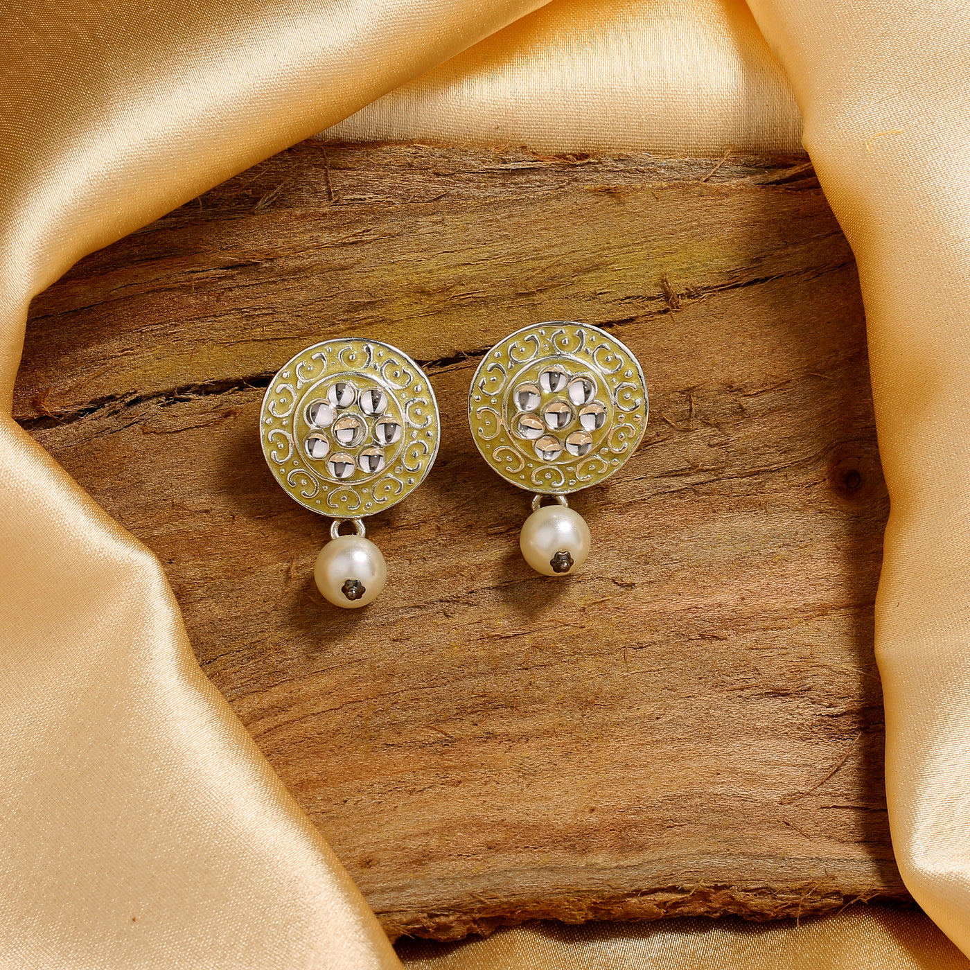 Estele Rhodium Plated Dazzling Meenakari Pearl Drop Earrings with Kundan for Women