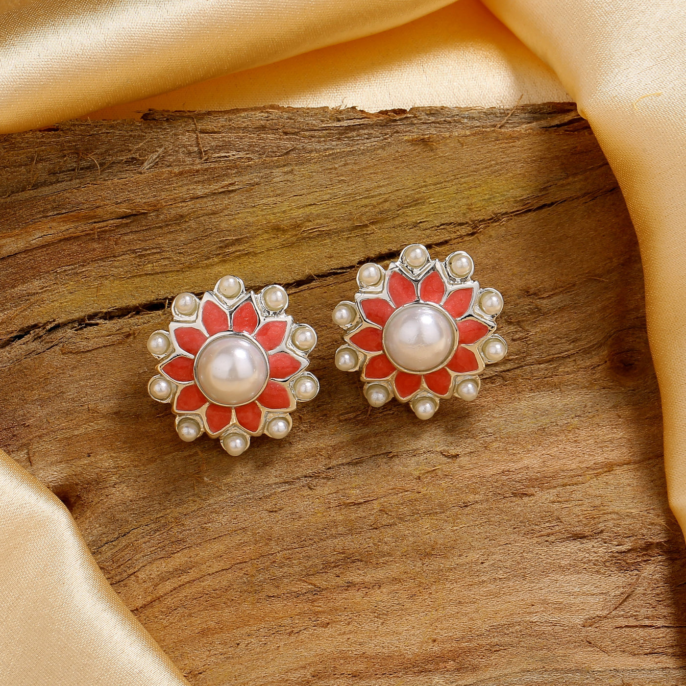 Estele Rhodium Plated Flower Meenakari Pearl Stud Earrings with Pink Enamel for Women