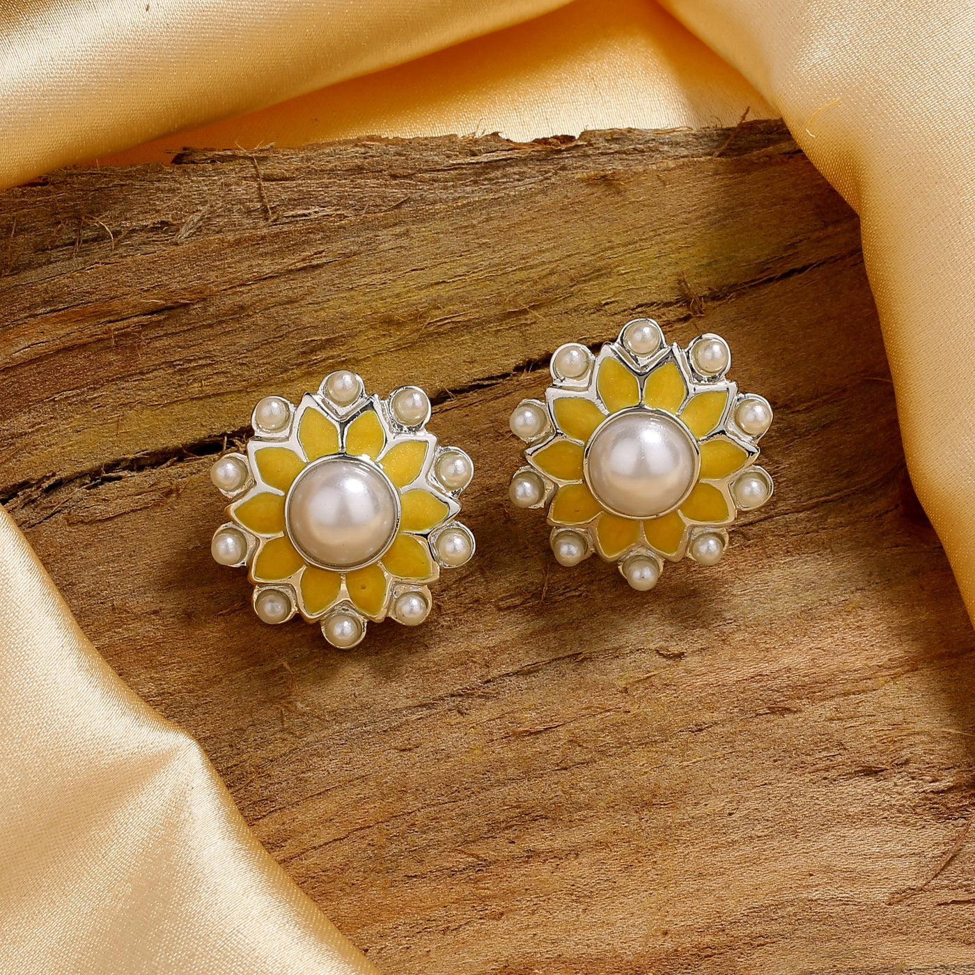 Estele Rhodium Plated Classic Meenakari Pearl Stud Earrings with Yellow Enamel for Women
