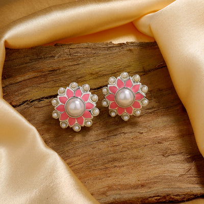 Estele Rhodium Plated Classic Meenakari Pearl Stud Earrings with Pink Enamel for Women